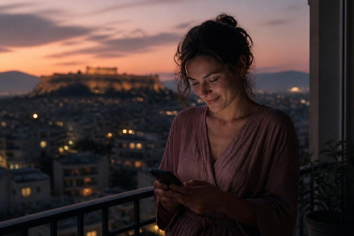 Μια γυναίκα σε μπαλκόνι στην Αθήνα κοιτάζει χαμογελώντας το κινητό της, με την Ακρόπολη στο βάθος.
