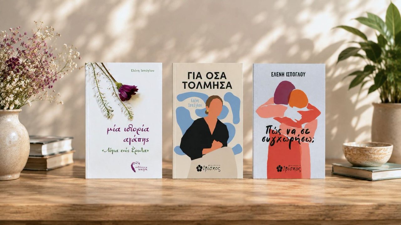 Τα τρία βιβλία της Ελένης Ισπόγλου σε ξύλινο ράφι: «μία ιστορία αγάπης», «Για όσα τόλμησα» και «Πώς να σε συγχωρήσω;».